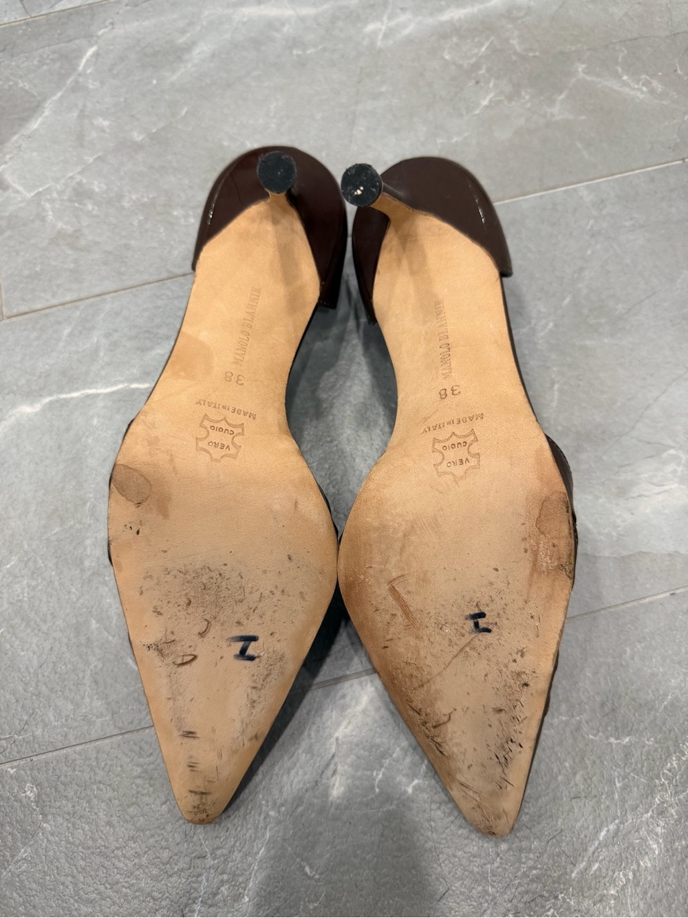 Manolo Blahnik Dark Brown Pointed-Toe D'Orsay Pumps with Woven Strap Detail - Picture 3 of 4